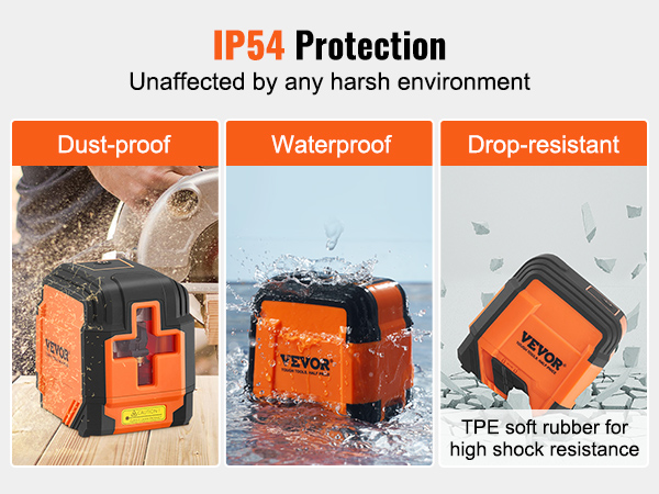 VEVOR laser level showcasing ip54 protection: dust-proof, waterproof, and drop-resistant features.