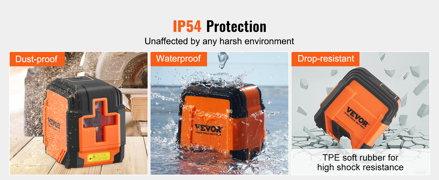 VEVOR laser level showcasing ip54 protection: dust-proof, waterproof, and drop-resistant features.