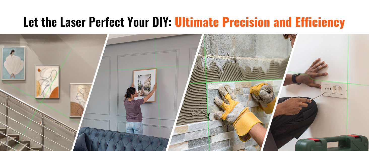 VEVOR laser level perfects diy tasks: hanging pictures, tiling, installing sockets with precision.