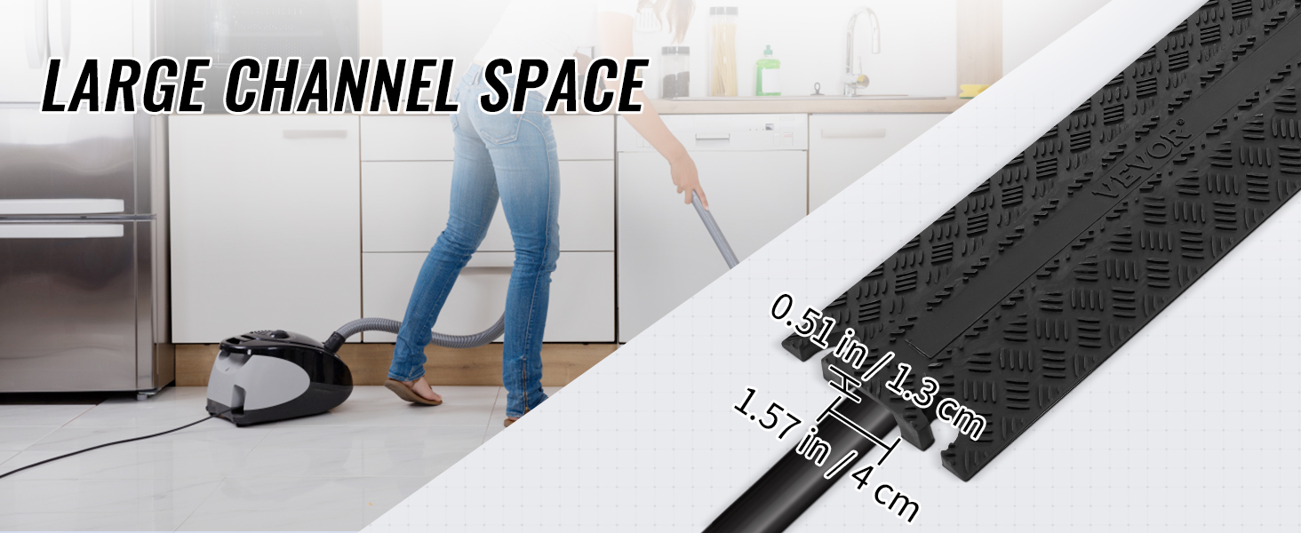VEVOR speed bump with large channel space, dimensions shown, kitchen background with vacuum.