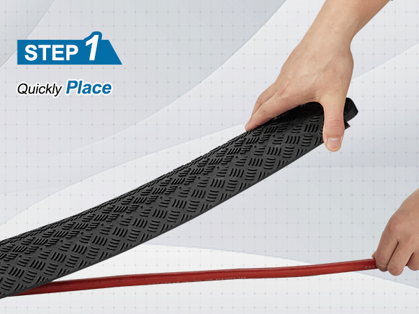 placing VEVOR speed bump over red cable in step-by-step installation guide.