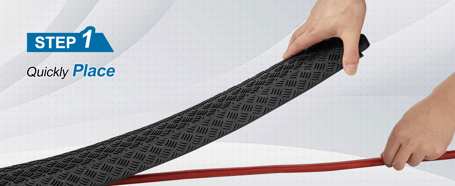 placing VEVOR speed bump over red cable in step-by-step installation guide.