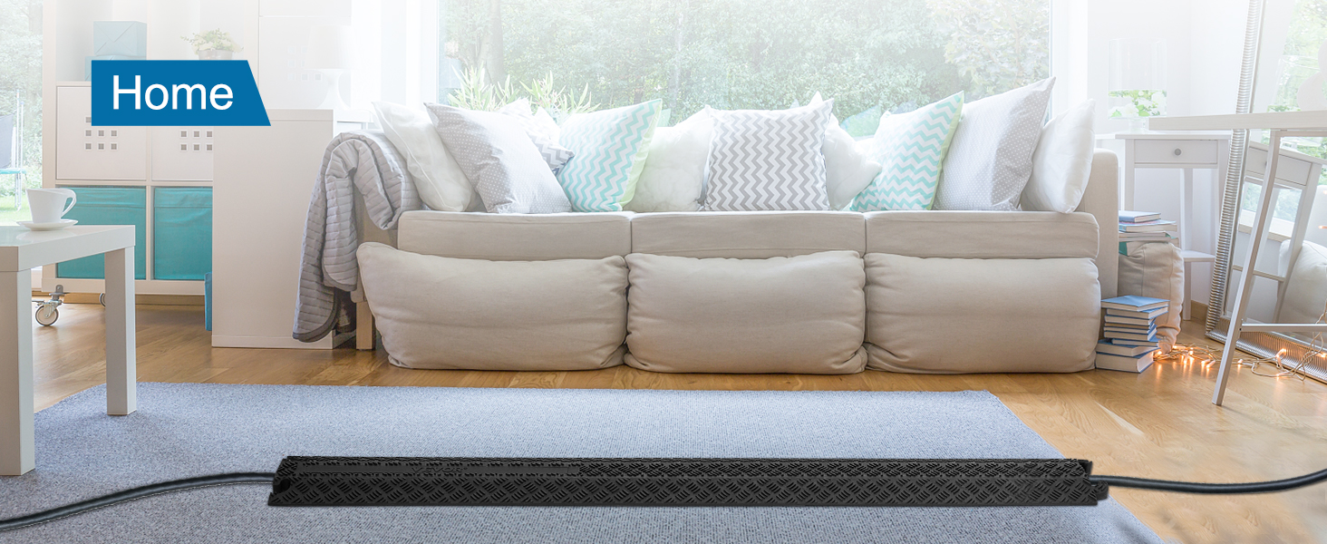 VEVOR speed bump in cozy living room with sofa, decorative pillows, blue carpet, and home decor accents.