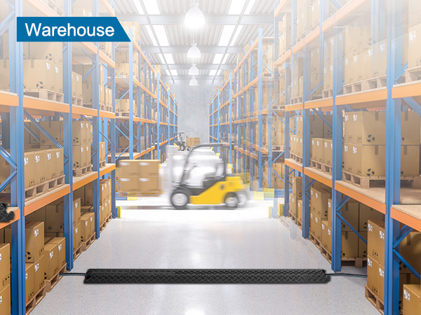 warehouse aisle with shelves of boxes and VEVOR speed bump in front of a moving yellow forklift.