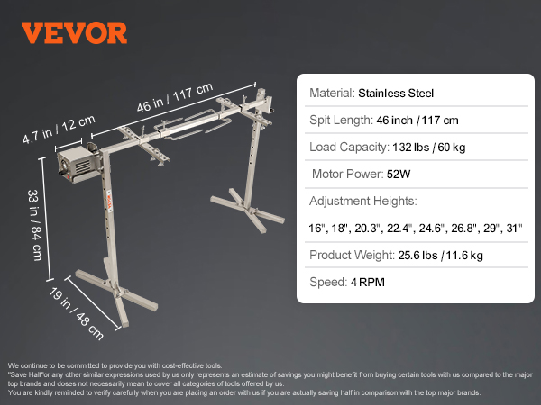 VEVOR electric bbq rotisserie kit specs: stainless steel, 132 lbs load, 52w power, 4 rpm speed, adjustable height.