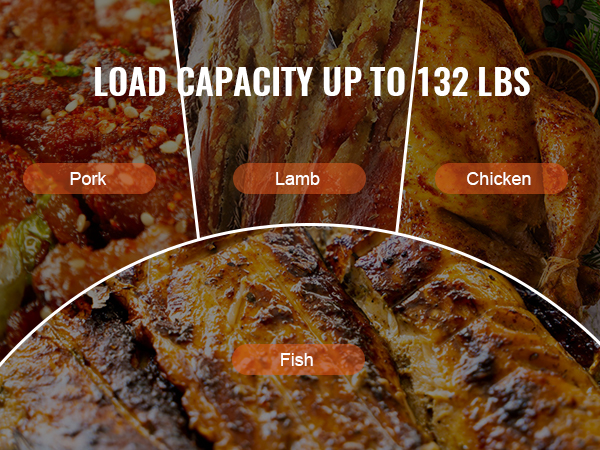 VEVOR electric bbq rotisserie kit with 132 lbs capacity for pork, lamb, fish, and chicken grilling.