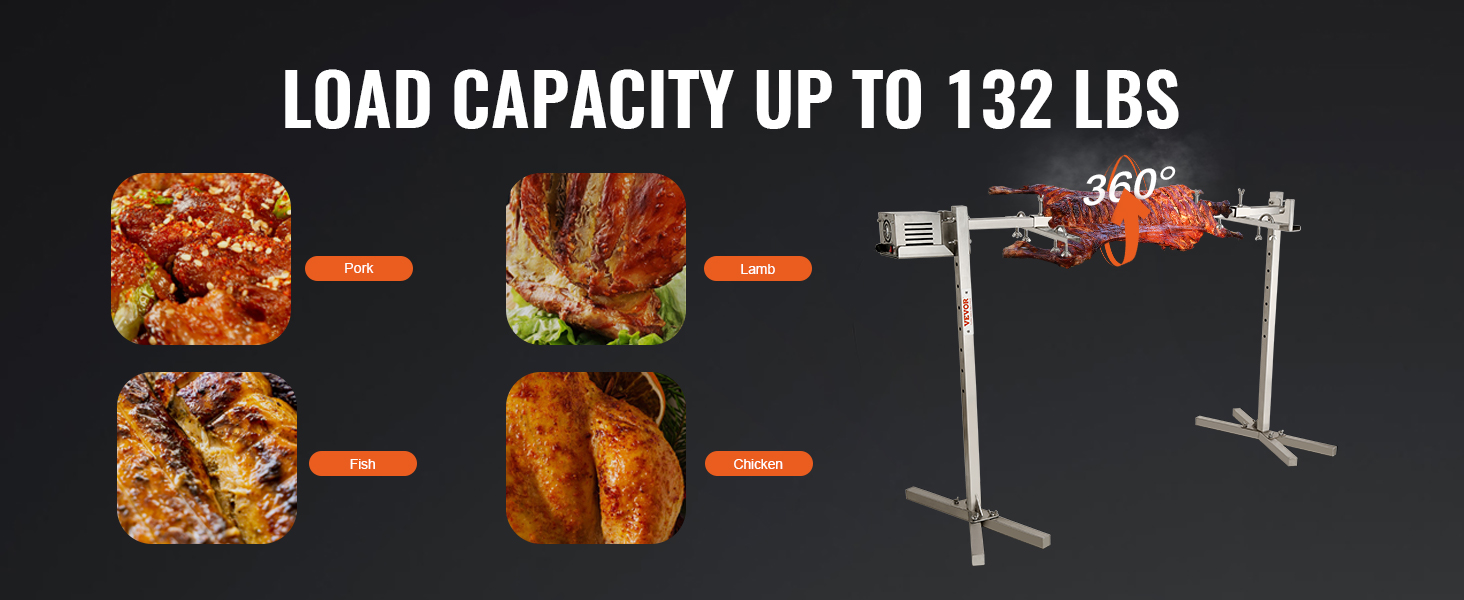 VEVOR electric bbq rotisserie kit with 132 lbs capacity for pork, lamb, fish, and chicken grilling.