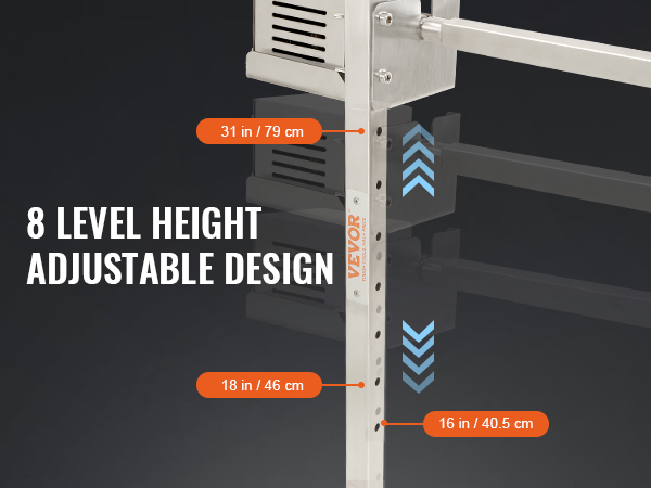 8-level height adjustable VEVOR electric bbq rotisserie kit with measurements in inches and cm.