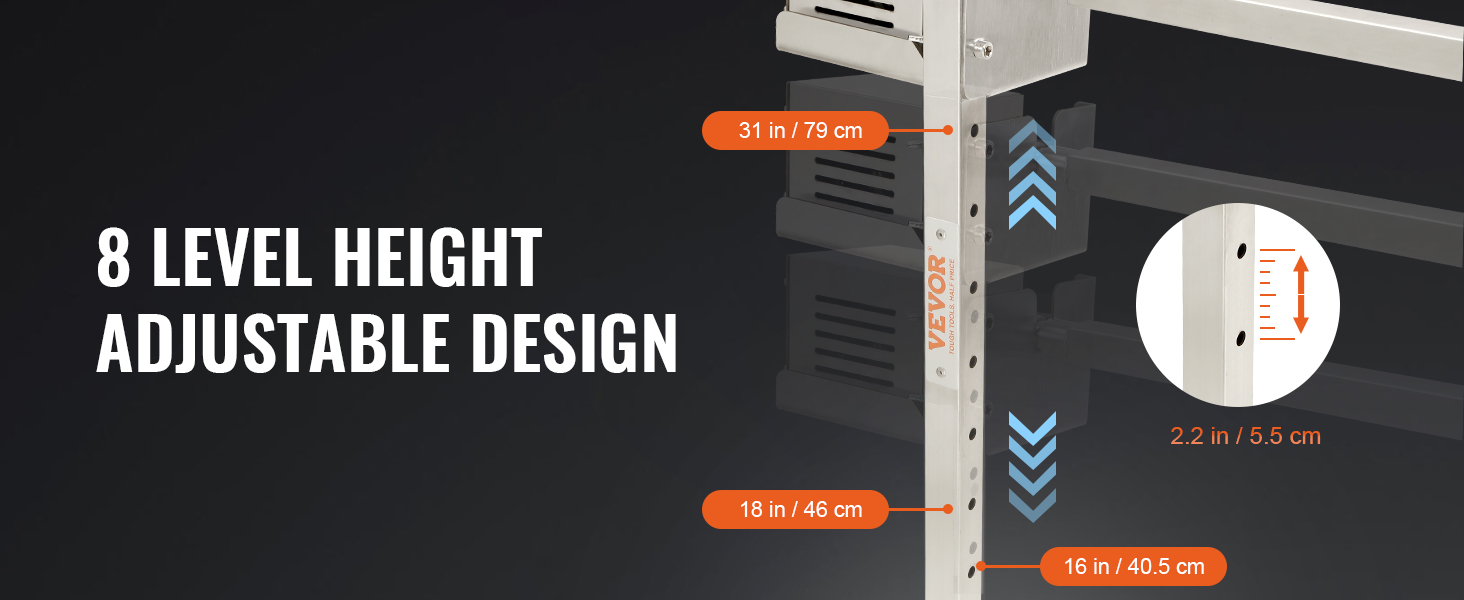 8-level height adjustable VEVOR electric bbq rotisserie kit with measurements in inches and cm.