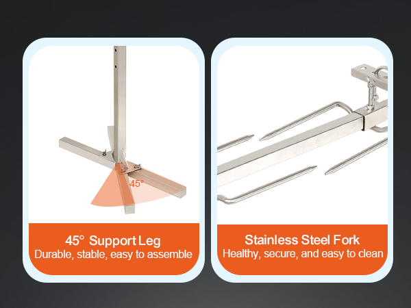 VEVOR electric bbq rotisserie kit with 360° rotation, 45° support leg, and stainless steel fork.