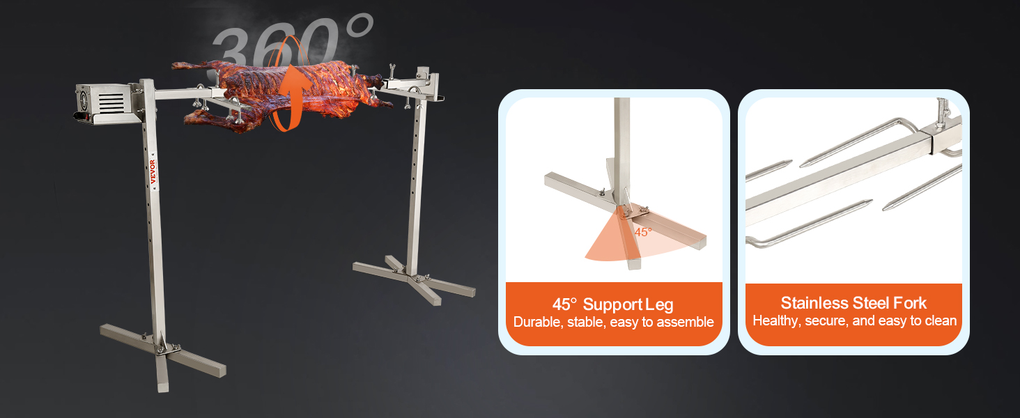 VEVOR electric bbq rotisserie kit with 360° rotation, 45° support leg, and stainless steel fork.