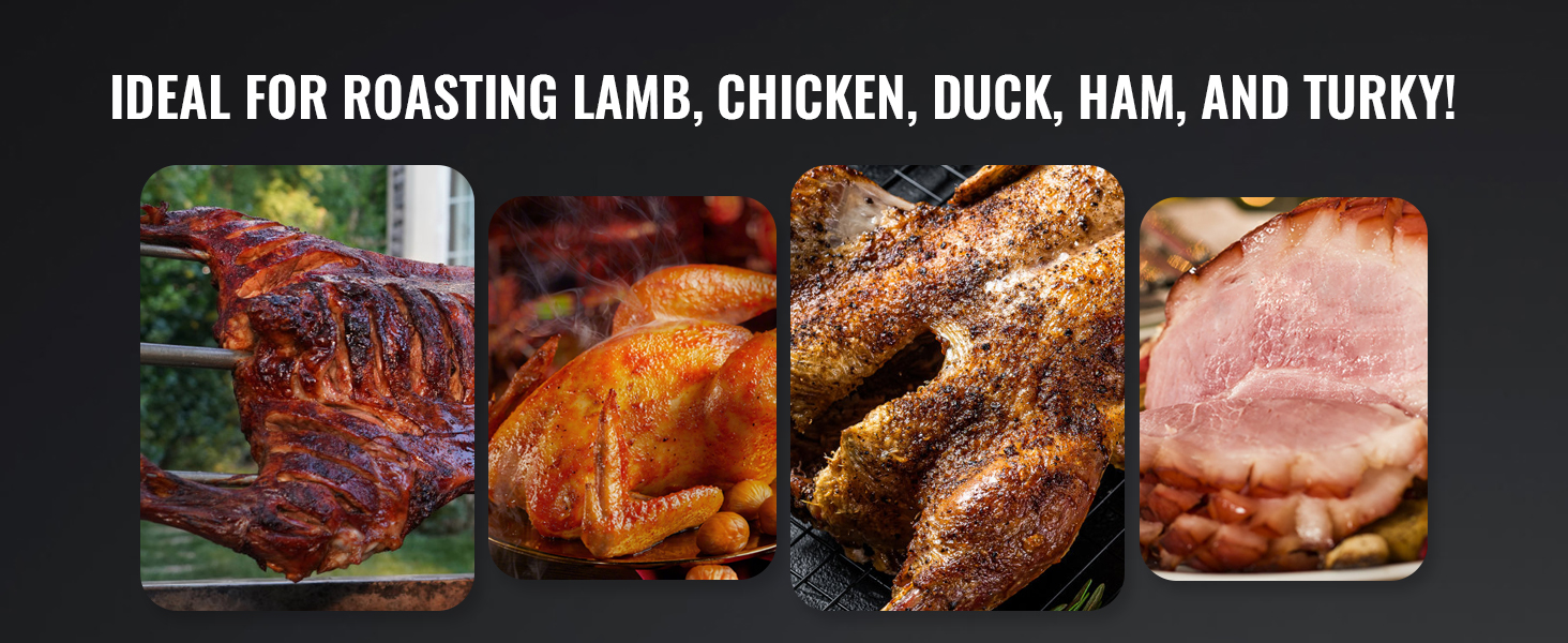 VEVOR electric bbq rotisserie kit: roast lamb, chicken, duck, ham, and turkey.