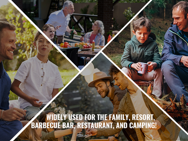 various scenes of people enjoying outdoor activities, highlighting uses for the VEVOR electric bbq rotisserie kit.