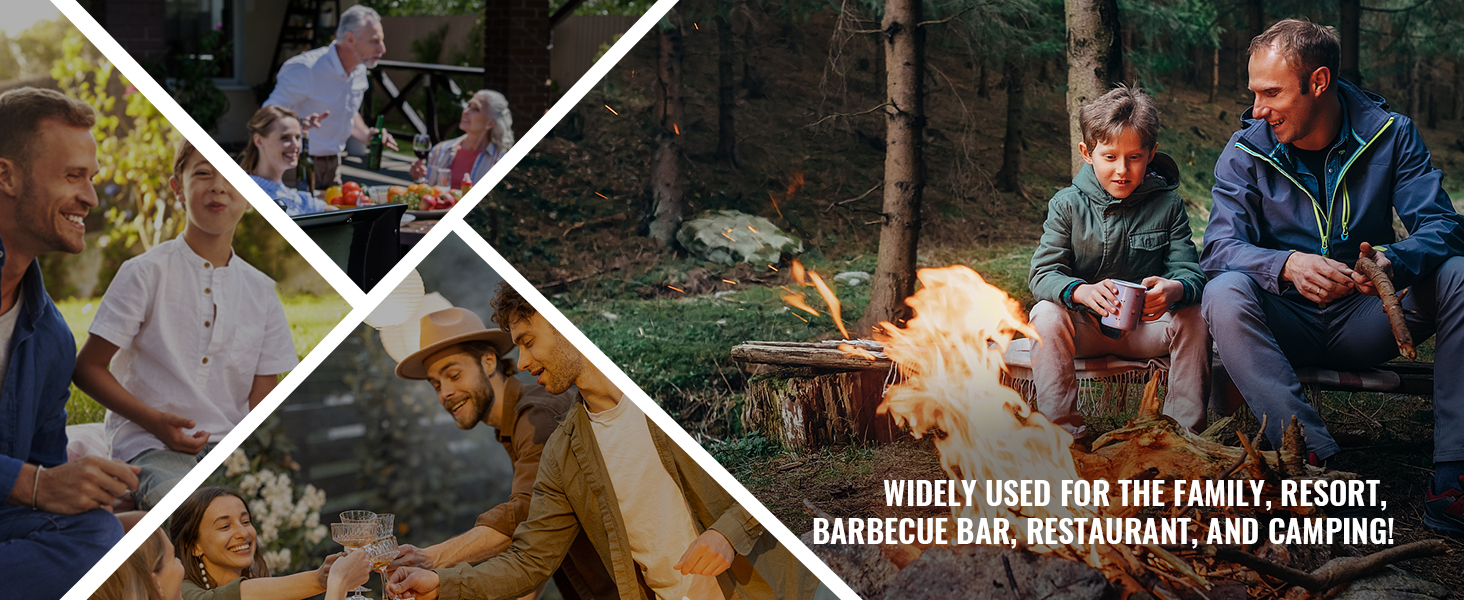 various scenes of people enjoying outdoor activities, highlighting uses for the VEVOR electric bbq rotisserie kit.