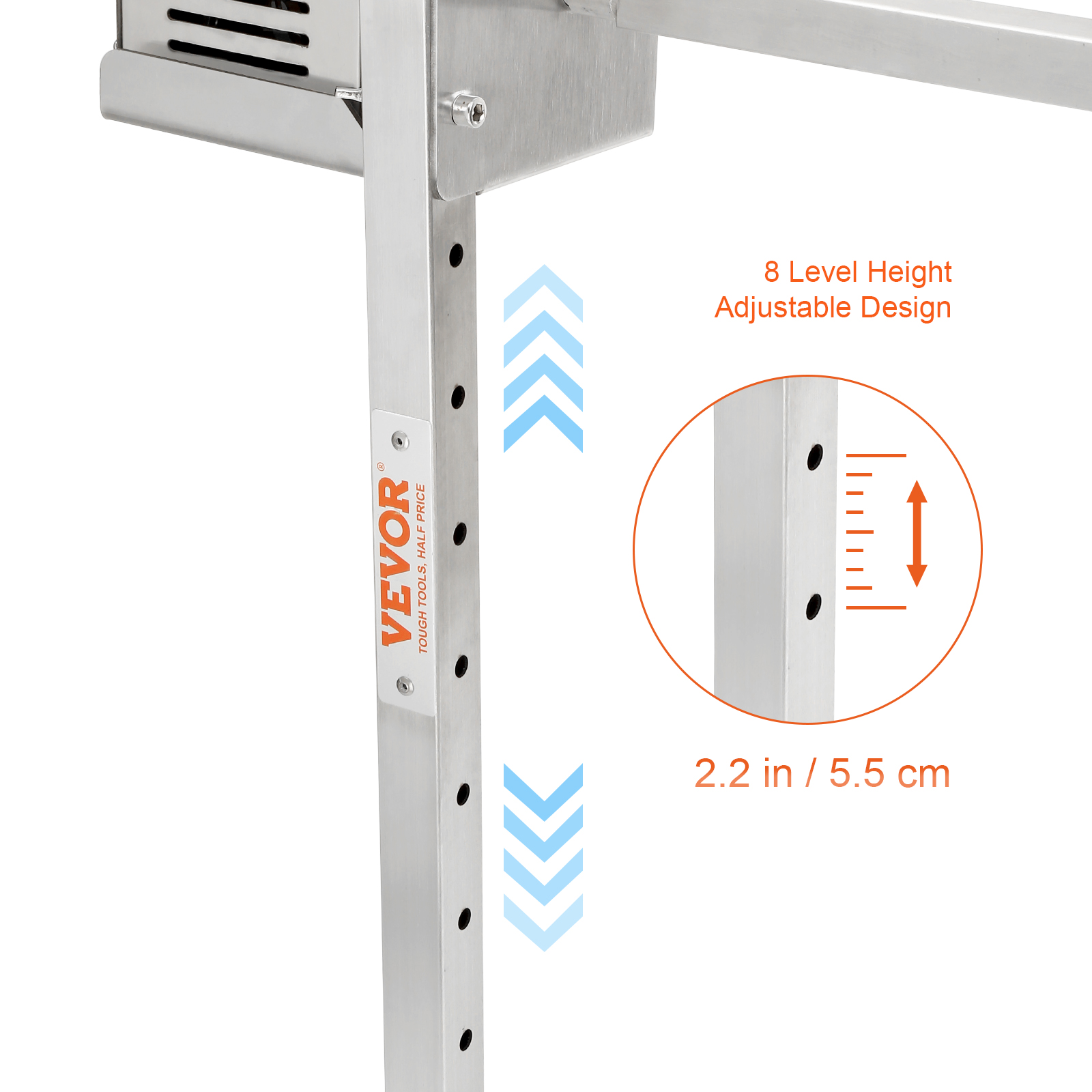VEVOR electric bbq rotisserie kit with 8-level height adjustment, allowing for precise cooking control.