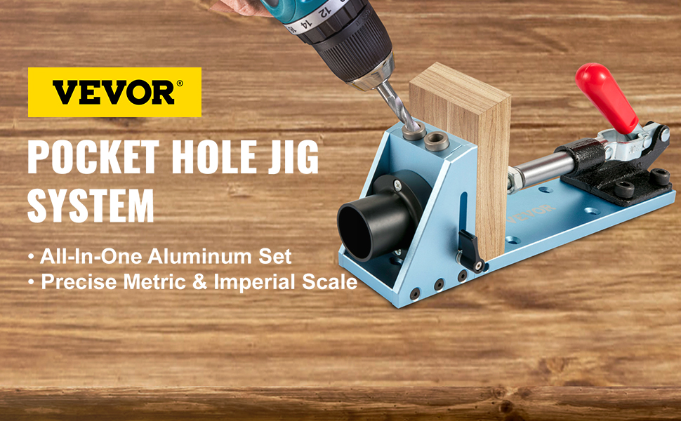 VEVOR pocket hole jig kit in use on a wooden surface with drill.