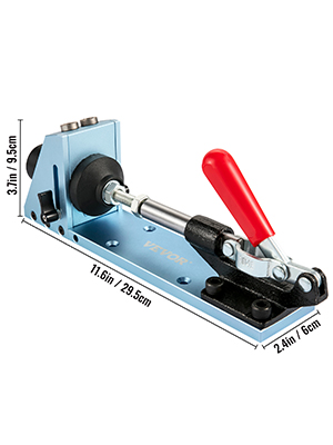 VEVOR pocket hole jig kit with red handle, dimensions 11.6in x 2.4in x 3.7in