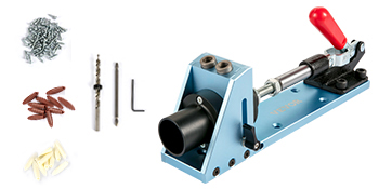 VEVOR pocket hole jig kit with screws, drill bit, and wood plugs.