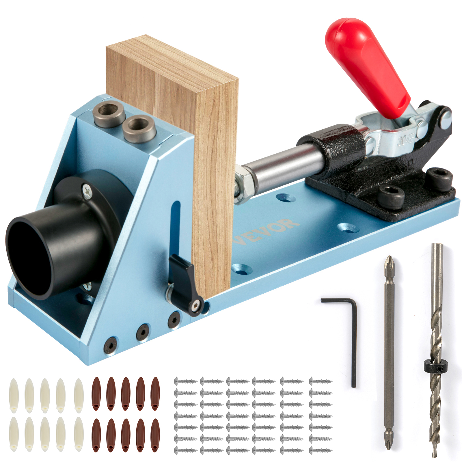 VEVOR pocket hole jig kit with drill bits, screws, and wood plugs in blue and red.