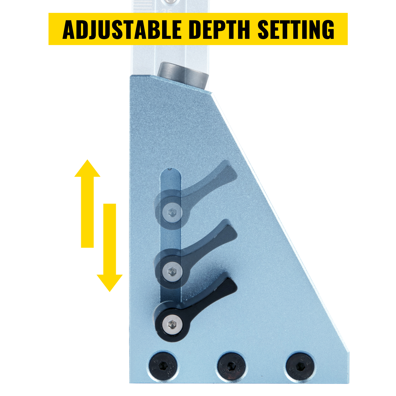 VEVOR pocket hole jig kit with adjustable depth setting mechanism and yellow arrows.