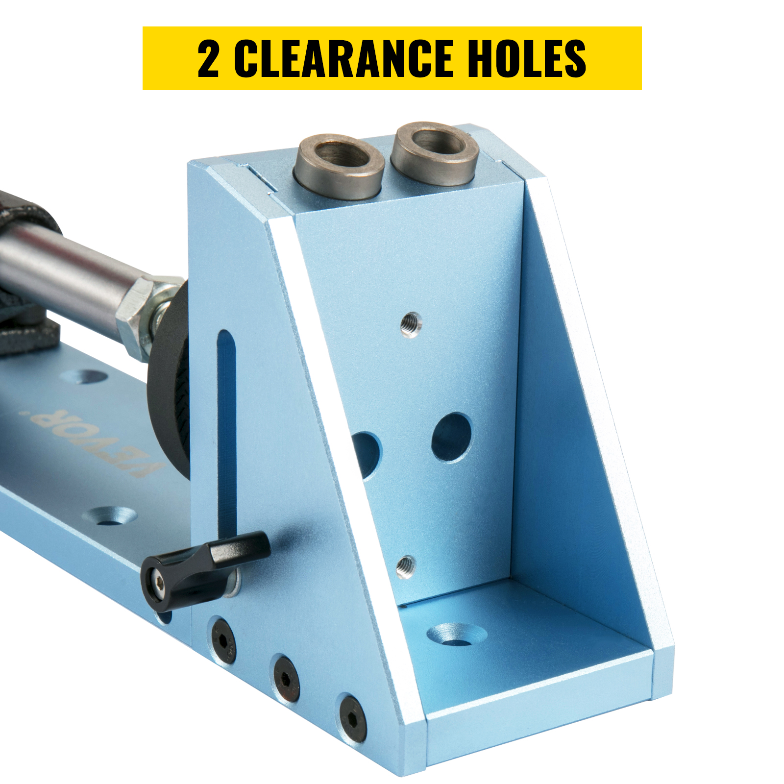 VEVOR pocket hole jig kit with 2 clearance holes in blue metal frame.