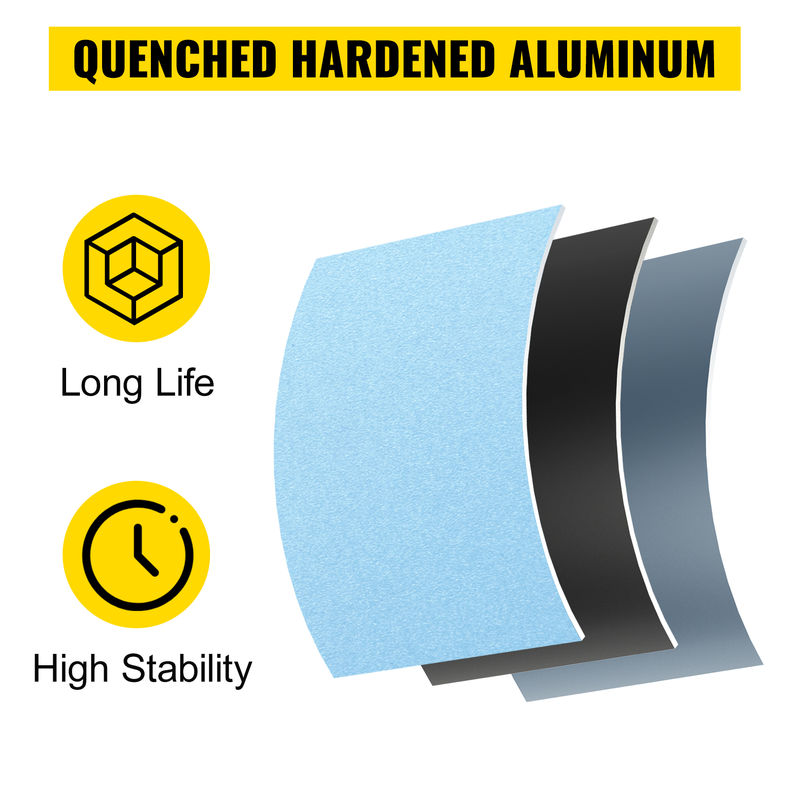 quenched hardened aluminum layers with icons representing long life and high stability.