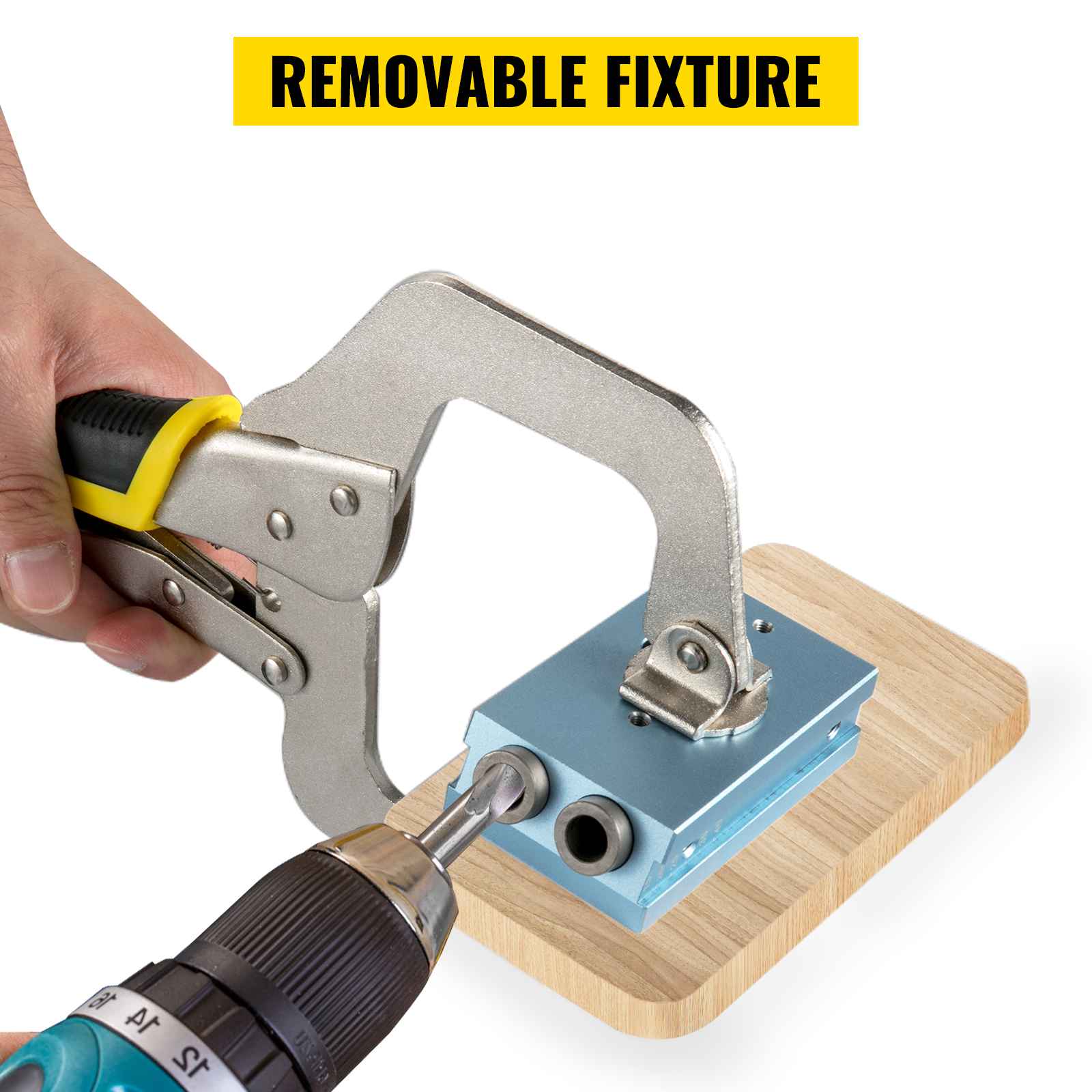 hand holding clamp with VEVOR pocket hole jig kit attached to wooden block.