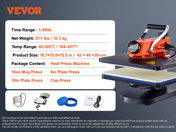 VEVOR heat press machine with 11oz mug press, 8in and 10in plate presses, and cap press attachments.