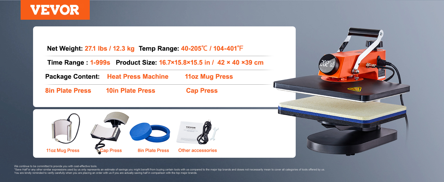 VEVOR heat press machine with 11oz mug press, 8in and 10in plate presses, and cap press attachments.