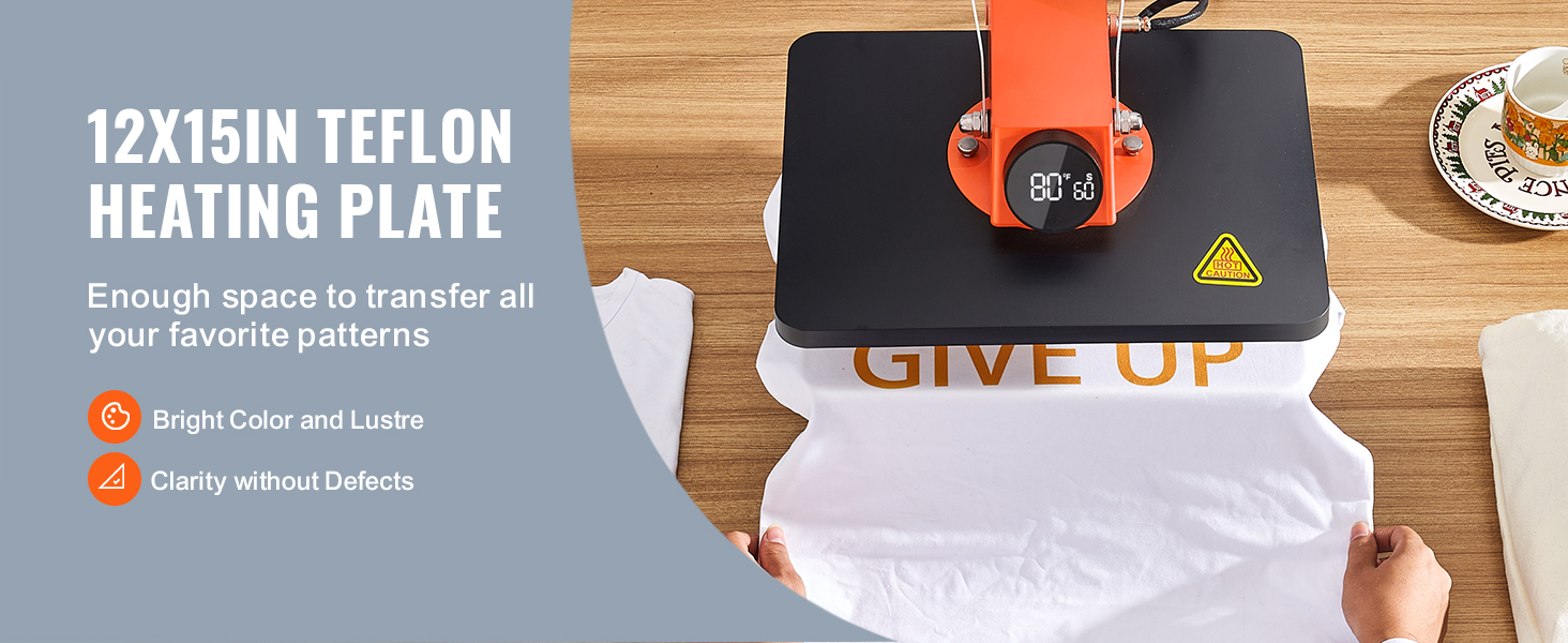 Термопресс-машина VEVOR с тефлоновой нагревательной пластиной размером 12x15 дюймов, демонстрирующая процесс переноса футболки.