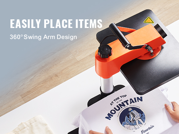 Термопресс-машина VEVOR с поворотным рычагом на 360 ° для прессования футболок на белом столе.