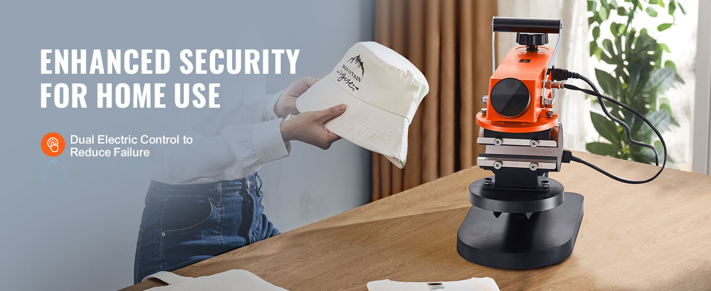 Термопресс-машина VEVOR для домашнего использования, подчеркивающая повышенную безопасность и двойное электрическое управление.