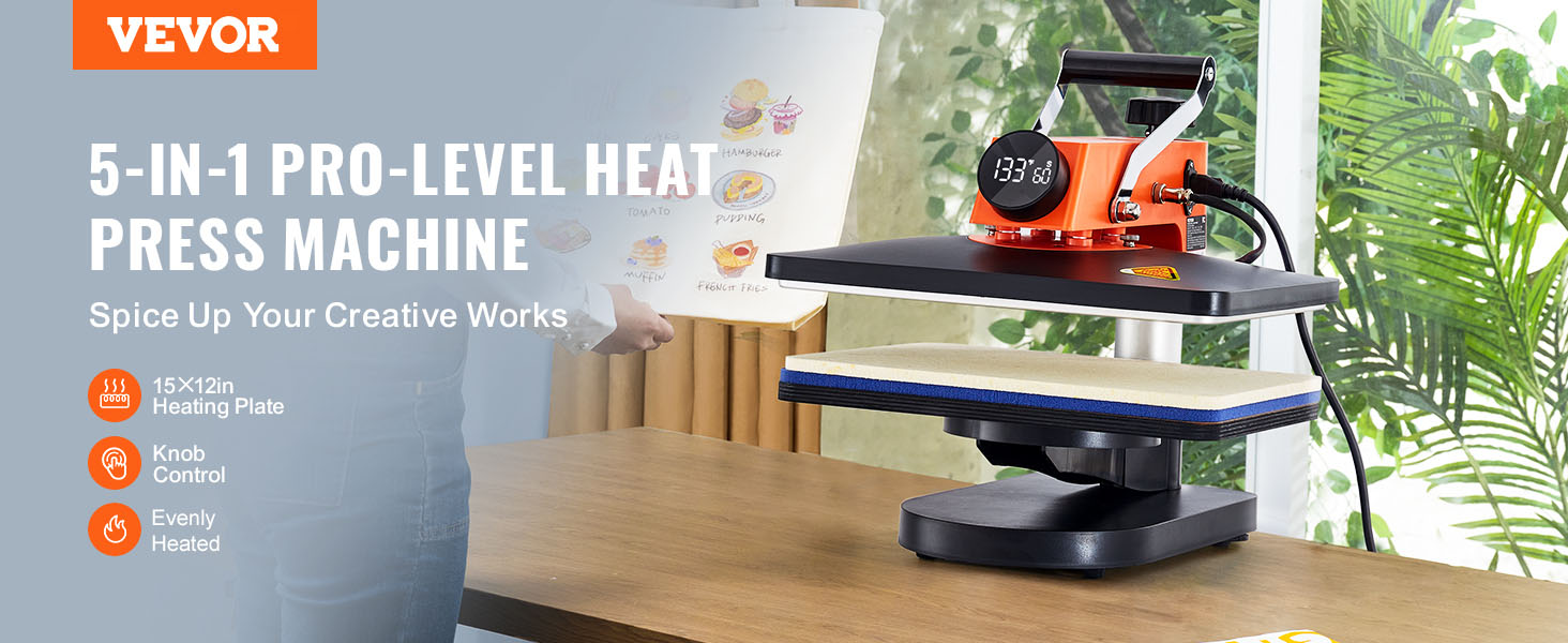 VEVOR heat press machine 5-in-1 with digital display, 15x12in heating plate, on wooden table near window.