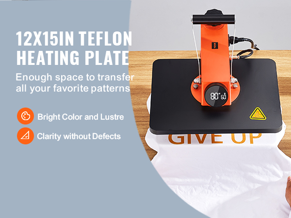 Термопресс-машина VEVOR с тефлоновой нагревательной пластиной размером 12x15 дюймов для нанесения рисунка на футболку.
