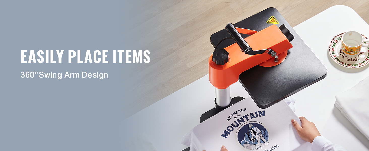 Термопресс-машина VEVOR с поворотным рычагом на 360 ° позволяет легко размещать изделия на футболке.