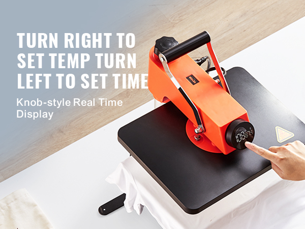 Термопресс-машина VEVOR с оранжевым корпусом, дисплеем в виде ручки и текстовыми инструкциями.