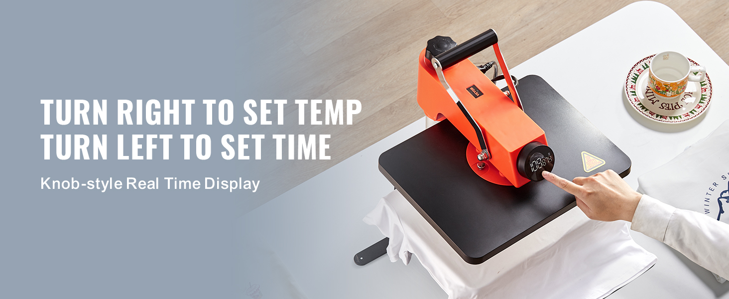 Термопресс-машина VEVOR с оранжевым корпусом, дисплеем в виде ручки и текстовыми инструкциями.