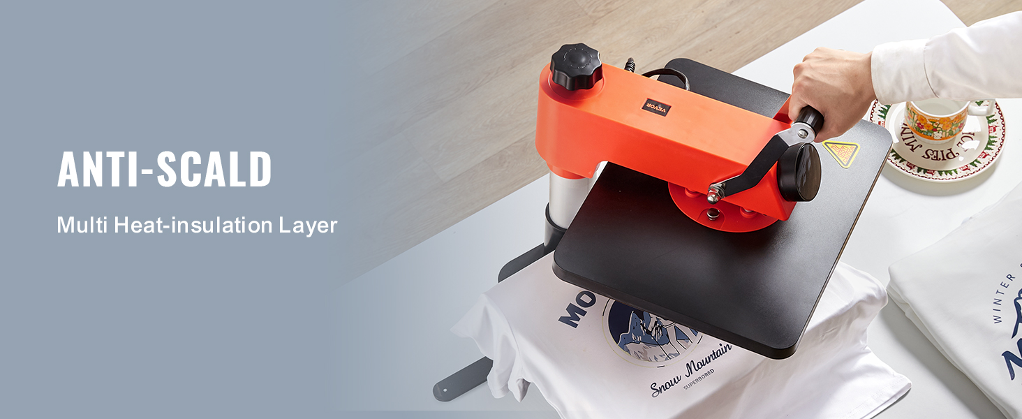 Термопресс-машина VEVOR с несколькими теплоизоляционными слоями для защиты от ожогов используется для прессования футболок.