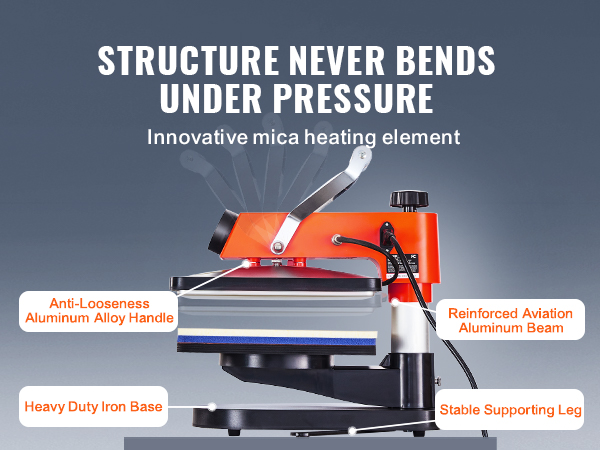 Термопресс-машина VEVOR с ручкой из алюминиевого сплава для защиты от рыхления, балкой из авиационного алюминия и железным основанием.