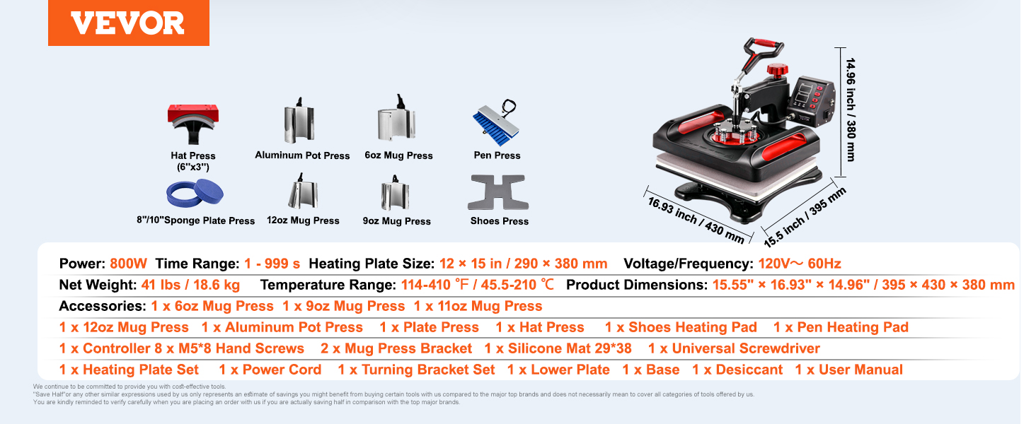 VEVOR heat press machine with 12"x15" plate, multiple accessories, 800w power, 120v.