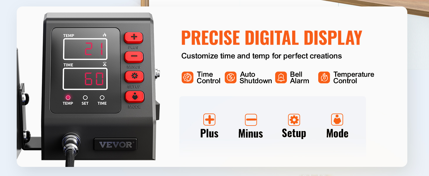 VEVOR heat press machine with precise digital display and control buttons.