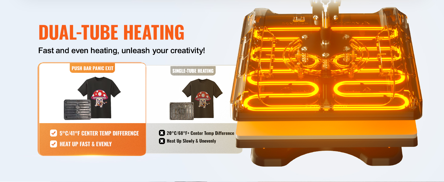 dual-tube heating technology in VEVOR heat press machine, fast and even heat distribution.