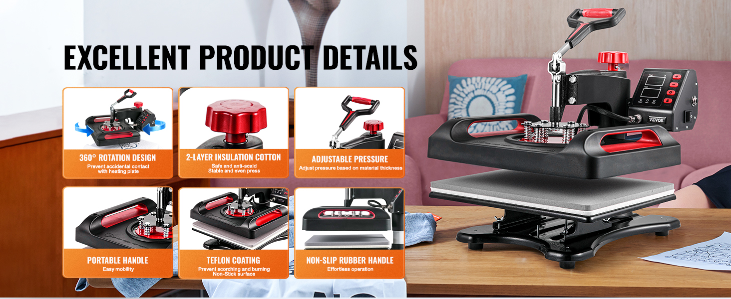 VEVOR heat press machine with adjustable pressure and 360° rotation for easy use.