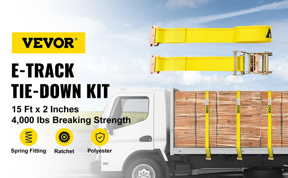 VEVOR e track ratchet strap: 15 ft x 2 inches, 4,000 lbs, spring fitting, ratchet, polyester, truck cargo