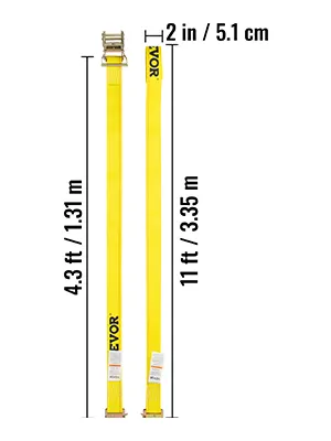 yellow VEVOR e track ratchet strap, 2 inches wide, 11 and 4.3 feet long for cargo securing.