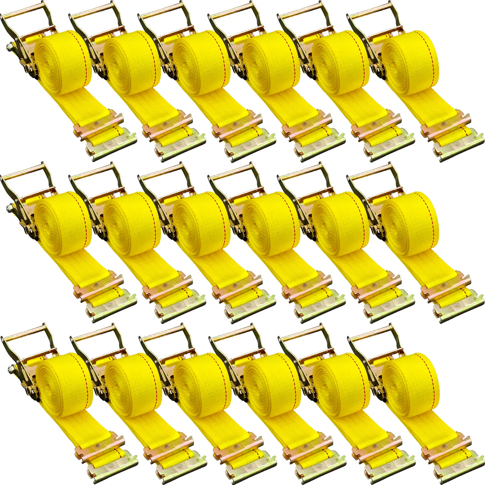 yellow VEVOR e track ratchet straps arranged in rows, featuring black handles and metal hooks.