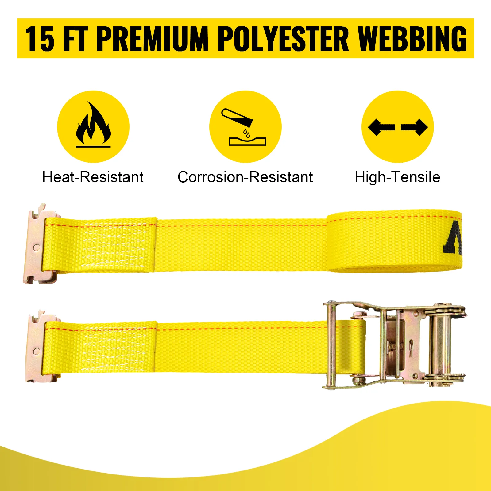 VEVOR e track ratchet strap, 15 ft premium polyester webbing, heat-resistant, corrosion-resistant, high-tensile.
