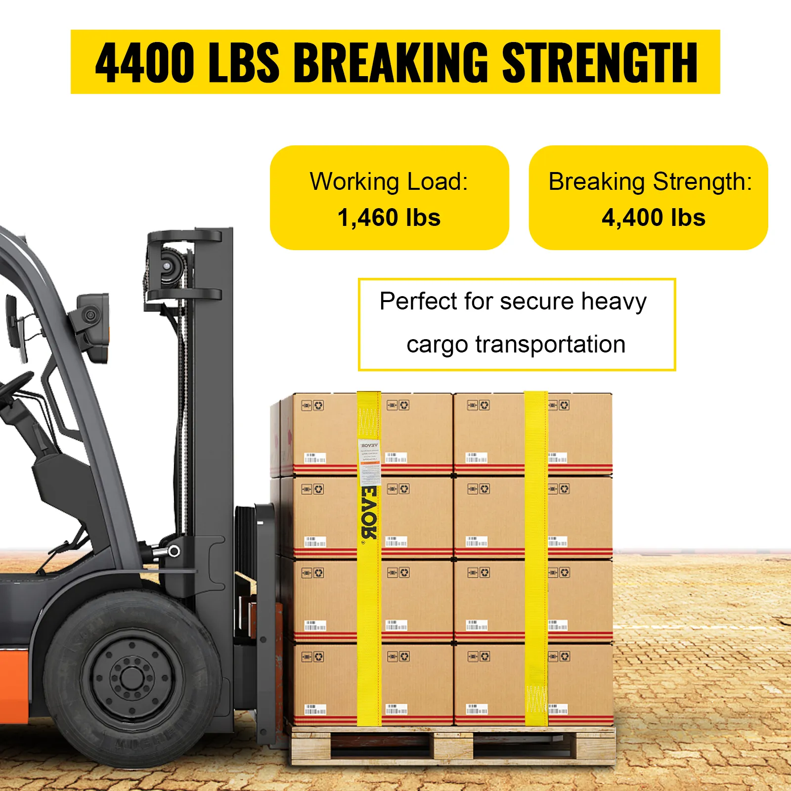 forklift securing boxed pallet with VEVOR e track ratchet strap, featuring 4,400 lbs breaking strength.