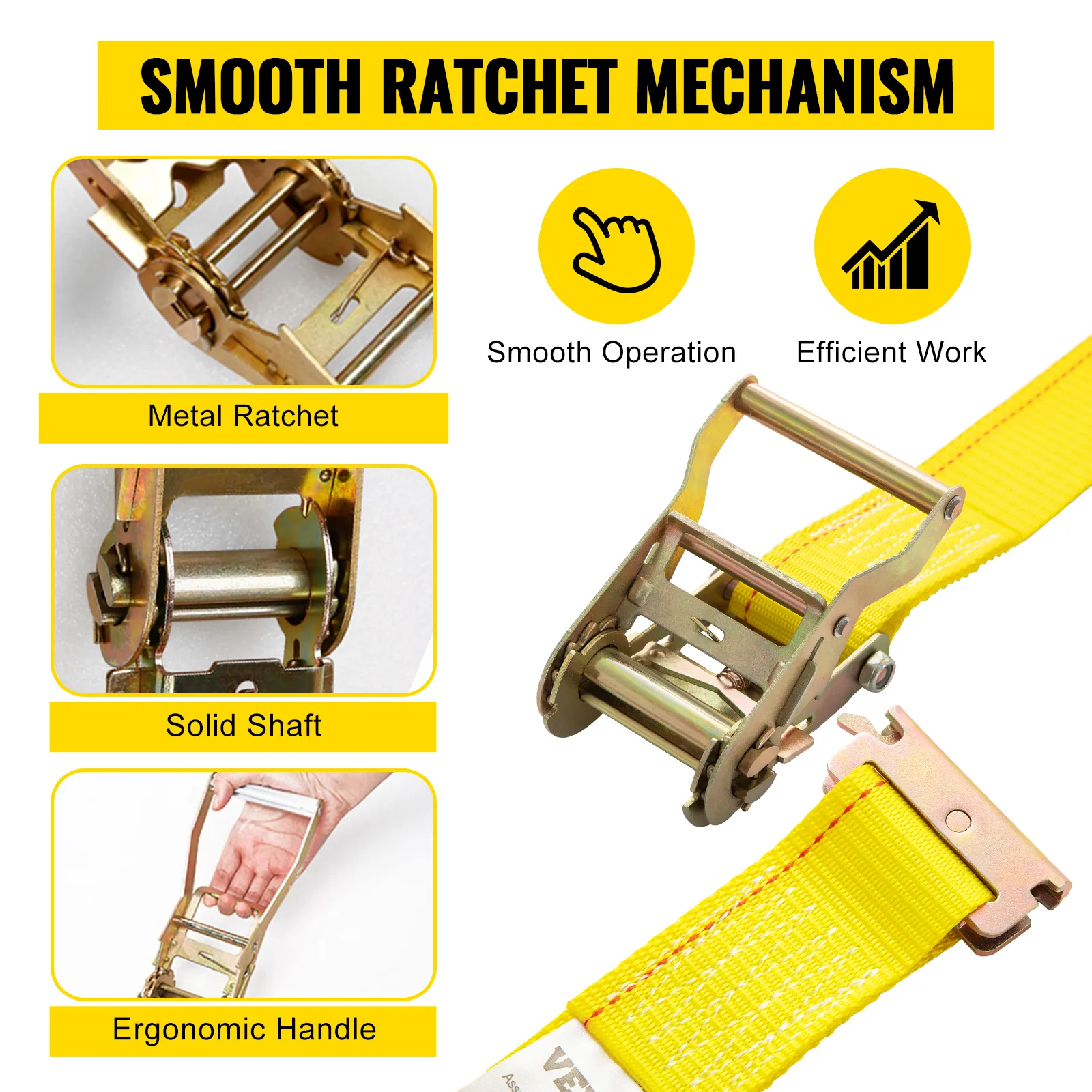 VEVOR e track ratchet strap with metal ratchet, solid shaft, and ergonomic handle for smooth operation.