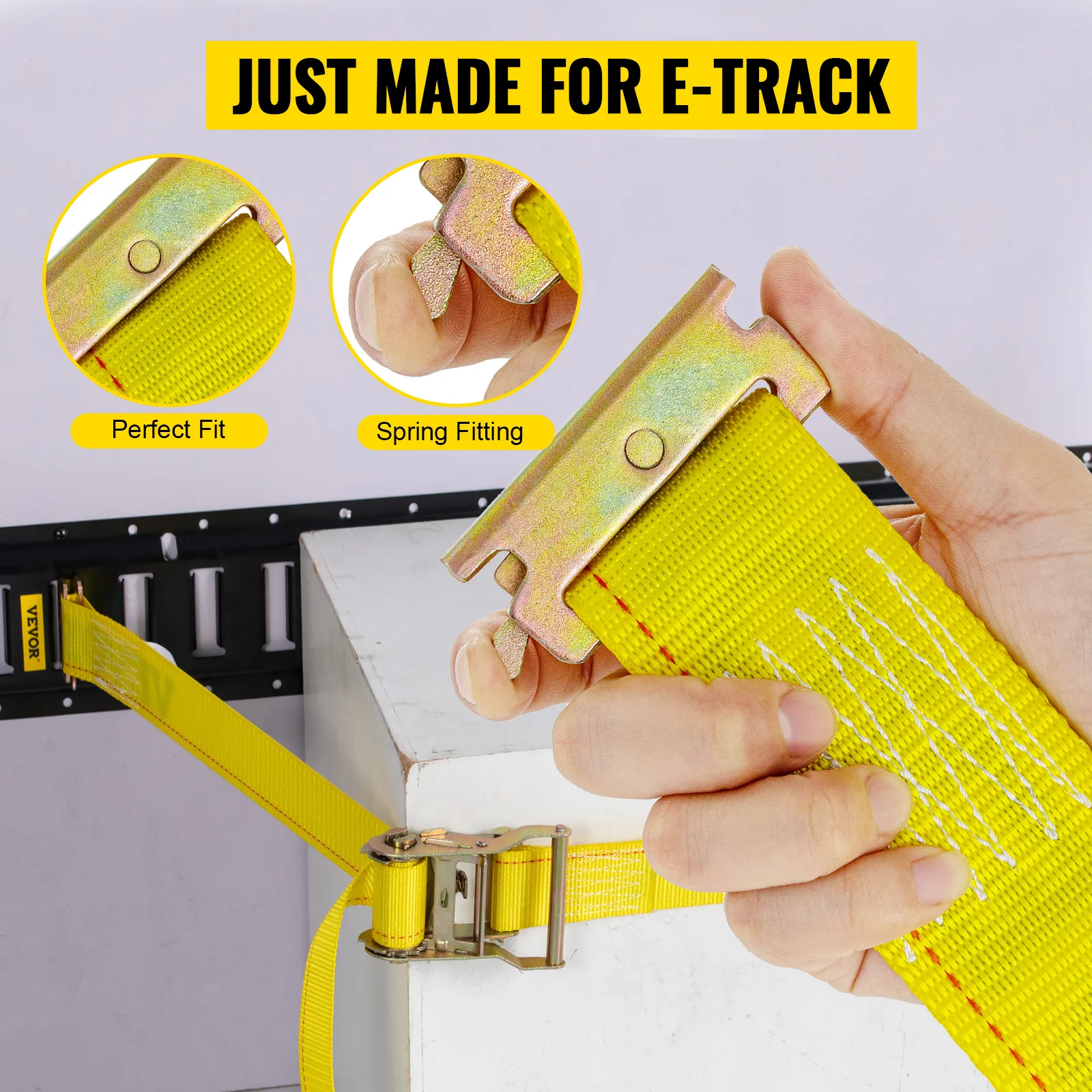 VEVOR e track ratchet strap being secured with a yellow strap and metal spring fitting for a perfect fit.